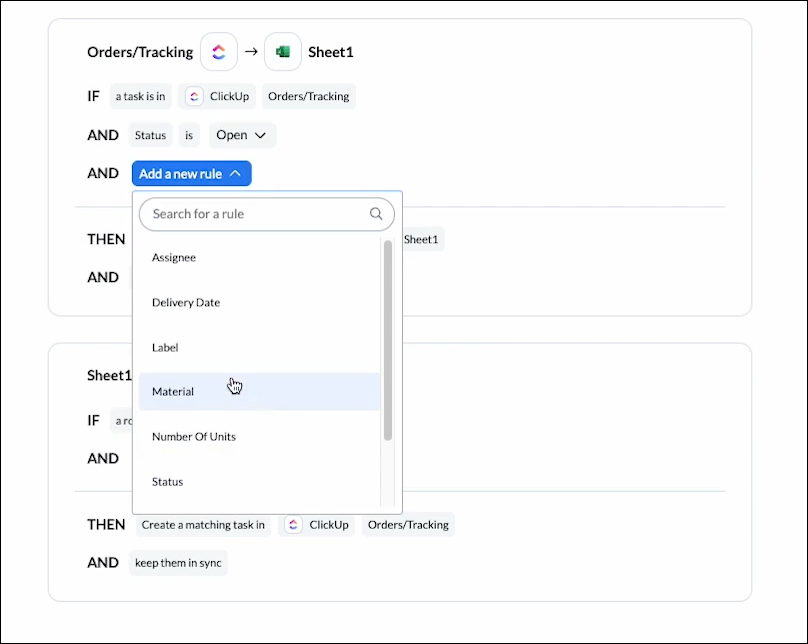 setting a trigger to filter specific tasks from syncing between ClickUp and Excel with Unito.