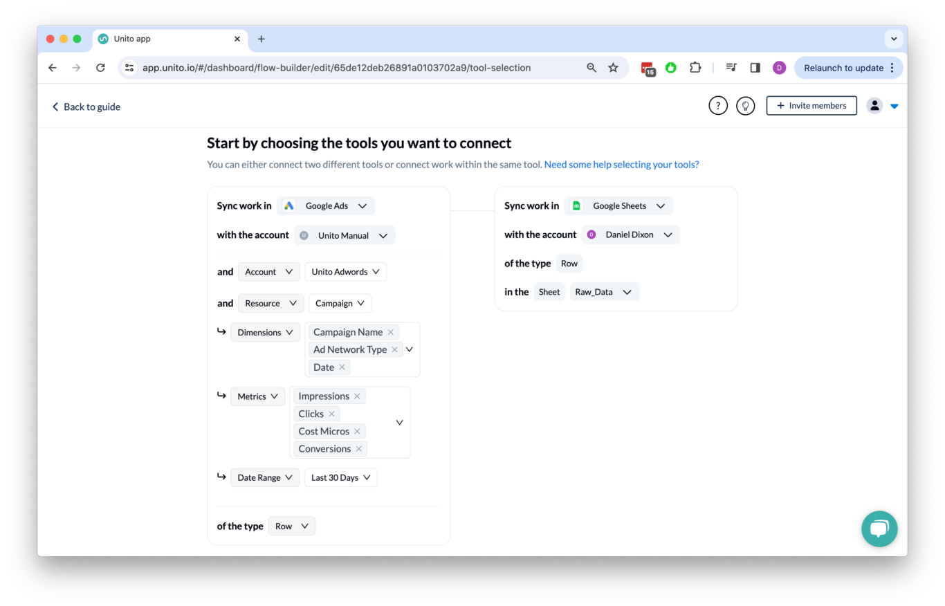 A screenshot of a Unito flow, connecting Google Ads and Google Sheets.
