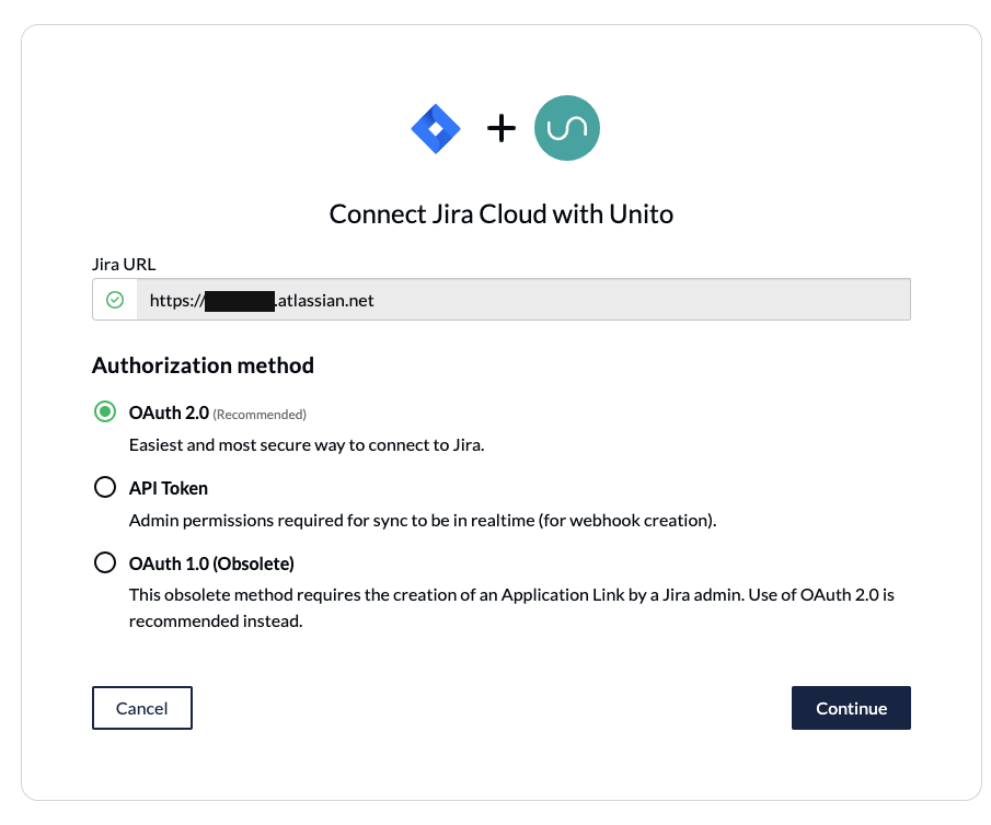 Screenshot of a user connecting Jira to Unito with OAuth 2.0