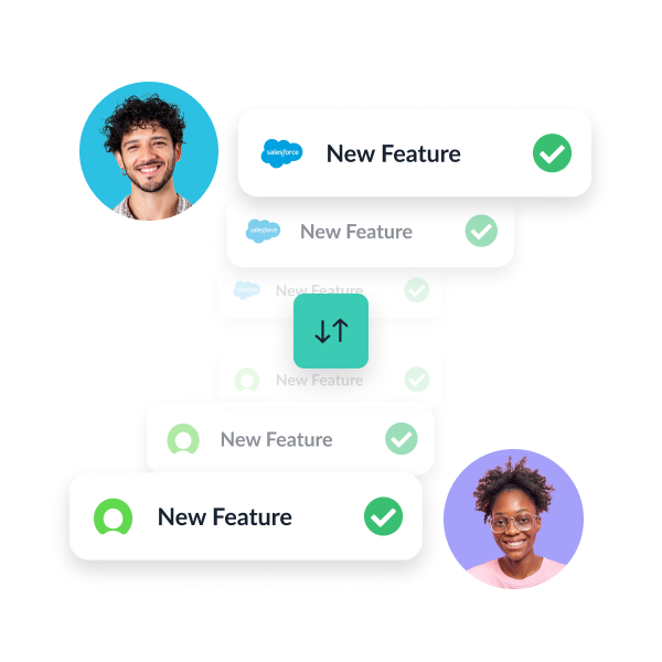 An illustration of Unito users syncing Salesforce with ServiceNow.