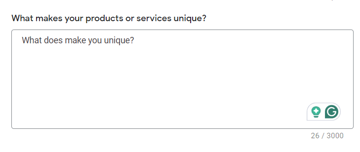 A screenshot of a question in Google Ads, asking a user to describe their product or service.