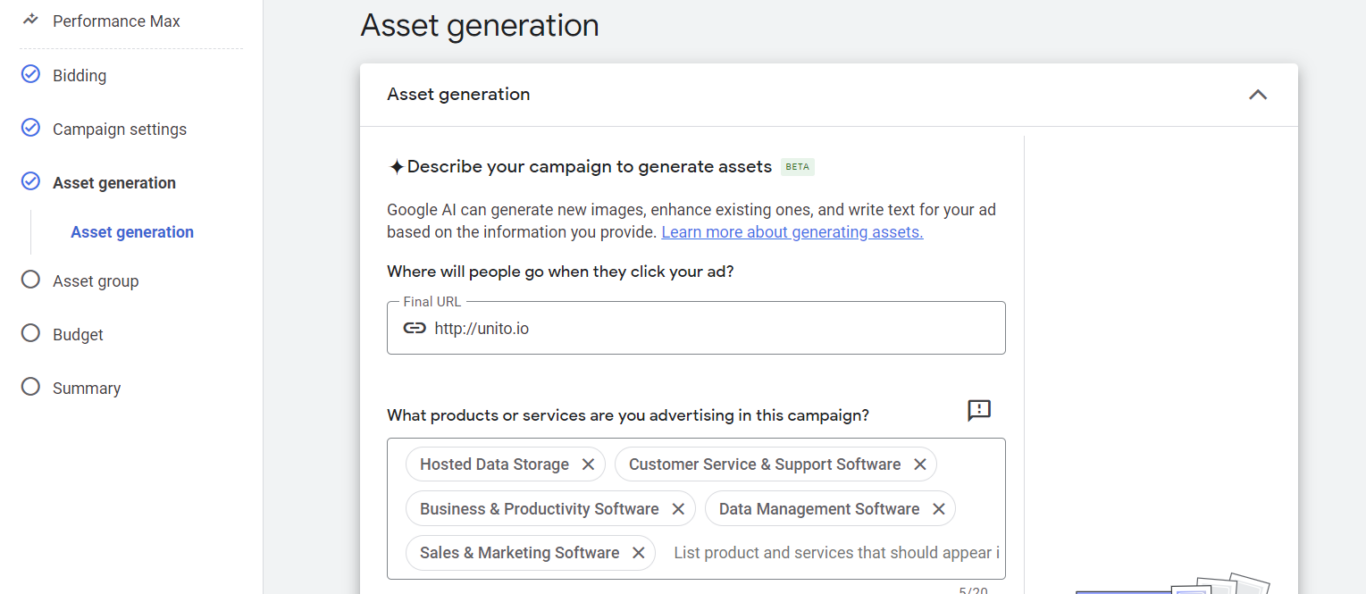 A screenshot of the Asset generation screen in Google Ads.