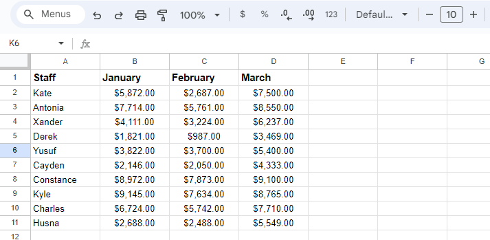 A screenshot of rows of data in a spreadsheet.