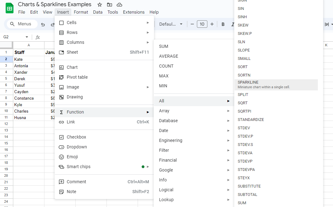 A screenshot of the Function menu in Google Sheets, with Sparkline highlighted.