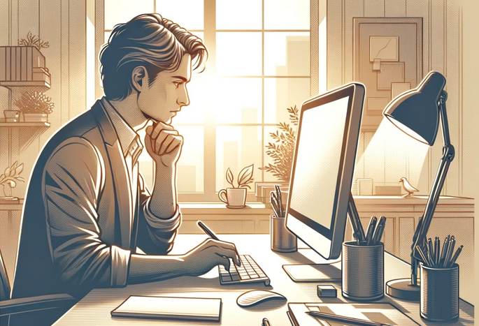 An illustration of a man focused on work at a computer.