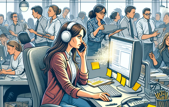 An illustration of a woman in a workplace, dealing with a distracting environment.