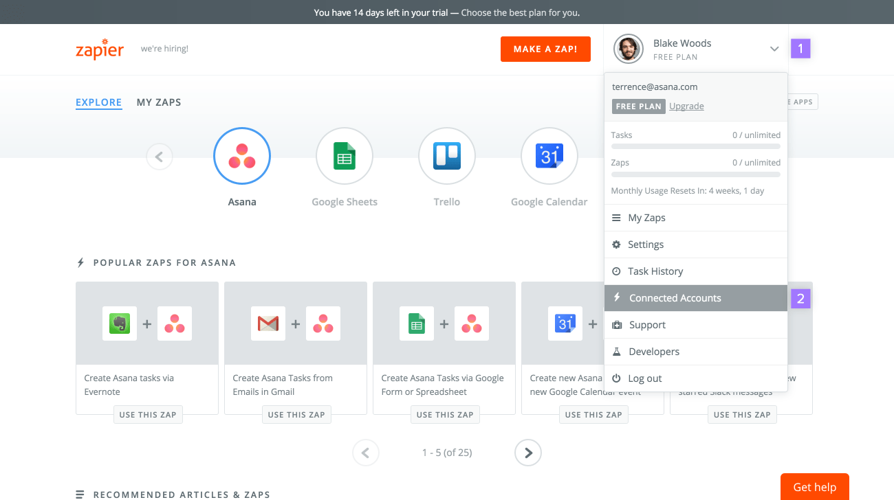 A screenshot of Zapier, an example of automation software that supports Google Sheets.