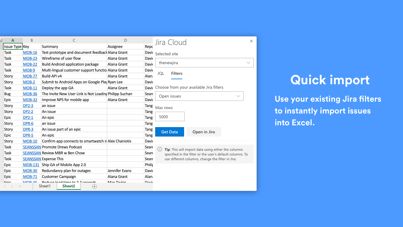 A screenshot of Atlassian's Jira Cloud for Excel add-in.