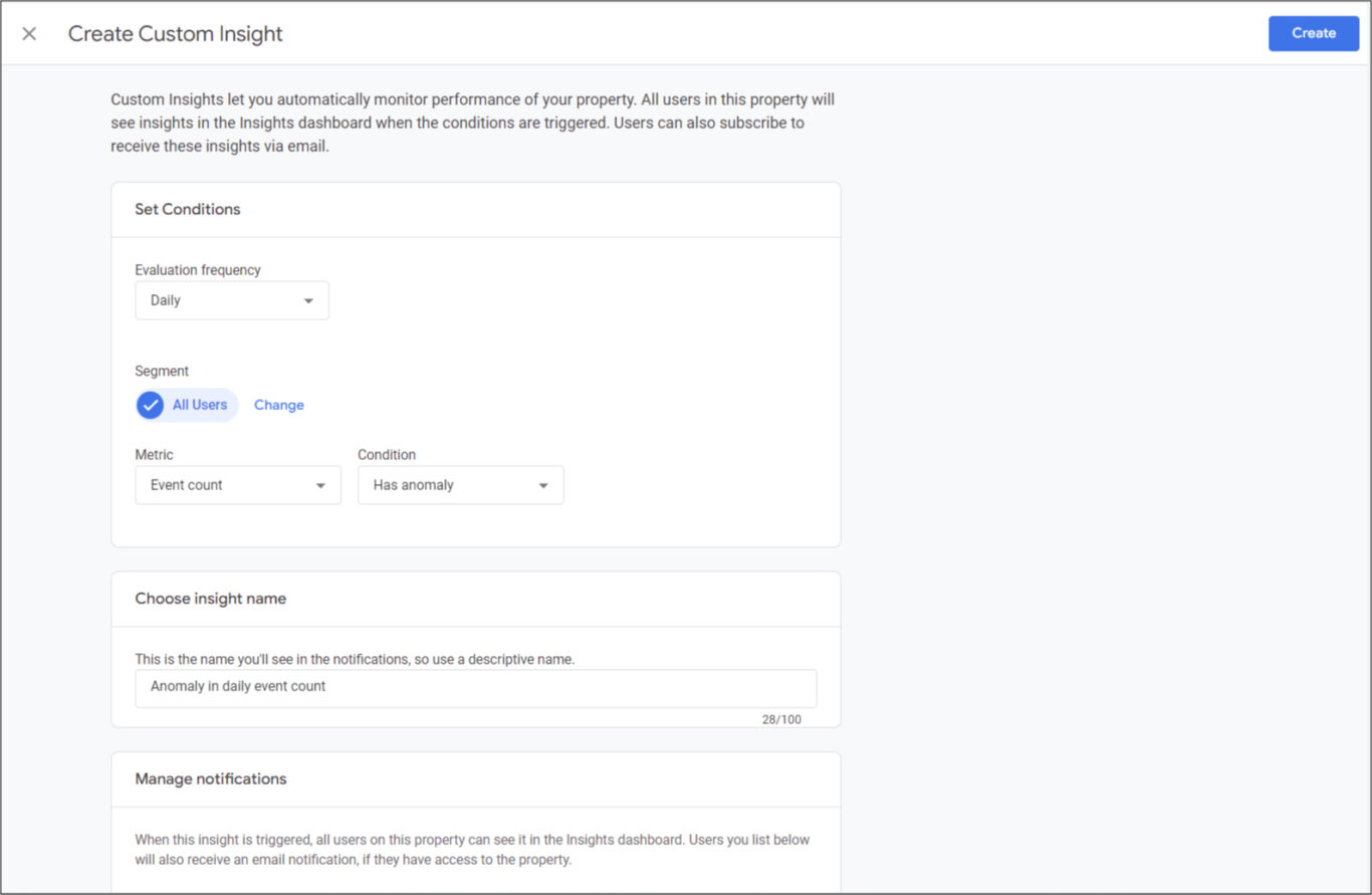 A screenshot of the Google Analytics 4 interface, displaying a menu titled "Create custom insight."  Below the menu, there's a description explaining how custom insights allow users to set specific conditions to generate automated alerts about website data. The image also includes three tables outlining the steps involved in creating a custom insight: setting conditions, choosing an insight name, and managing notification preferences.