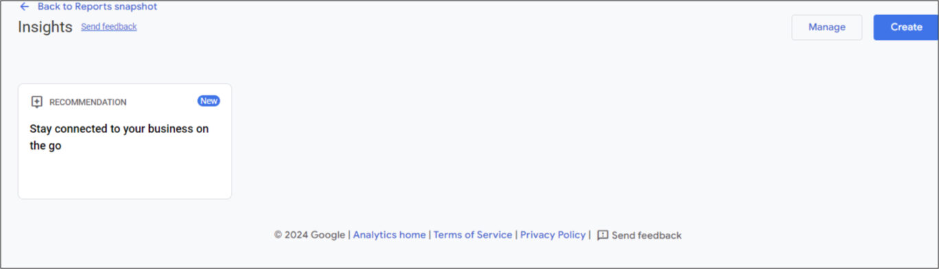 A screenshot of a Google Analytics 4 report highlighting a recommendation from Google Analytics Insights. This recommendation section provides suggestions to improve your experience with the platform.