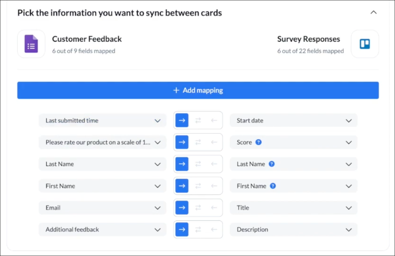 Customized field mappings to sync Google Forms to Trello with Unito