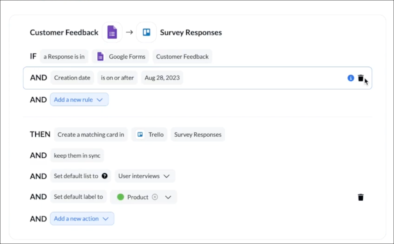 Screenshot of setting rules to filter data between Google Forms and Trello with Unito 2-way sync