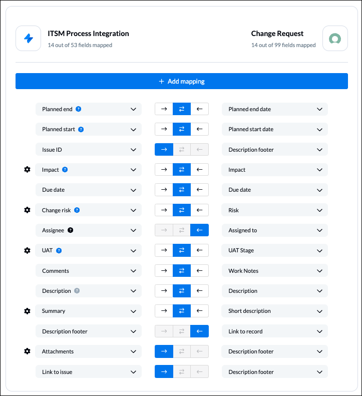 Screenshot of linking fields beteween Jira Service Management and ServiceNow through Unito