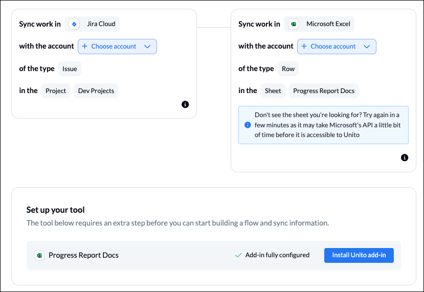 A screenshot of Unito's tool connection screen with Jira and Excel connected.