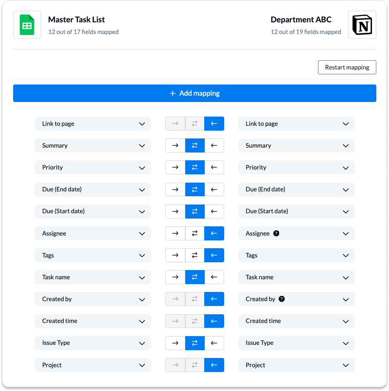 Field mappings between Notion and Google Sheets