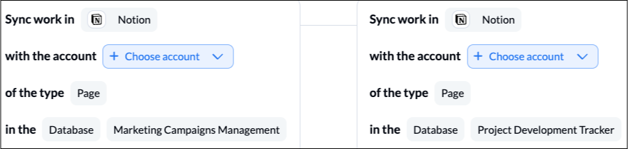 Screenshot of connecting two Notion pages and databases together in Unito for 2-way syncing.