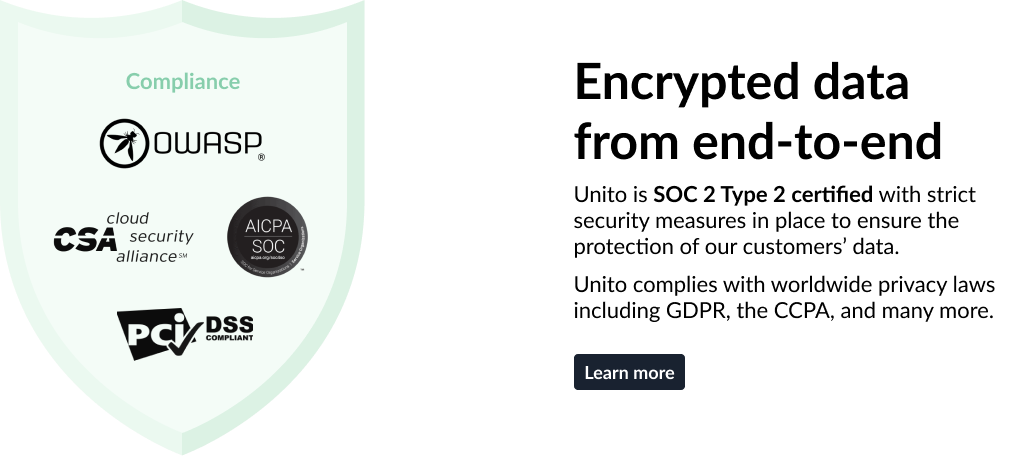 Compliance badges for OWASP, CSA (cloud security alliance), and PCI DSS. Text reads: Sync your stack at scale, securely. Unito is SOC 2 Type 2 certified with strict measures in place to ensure the protection of customer data.