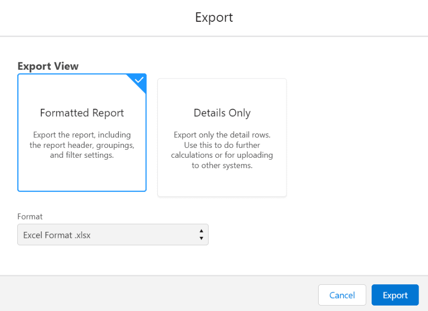 A screenshot of the choice between formatted and details only reports in Salesforce.