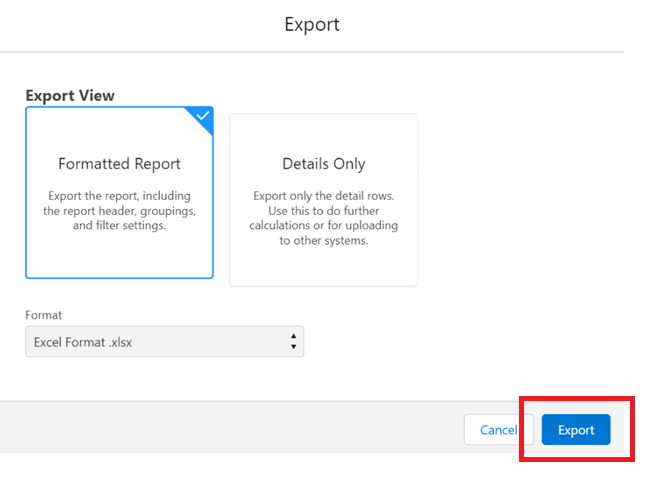 A screenshot of the export screen in Salesforce with the formatted report option selected.