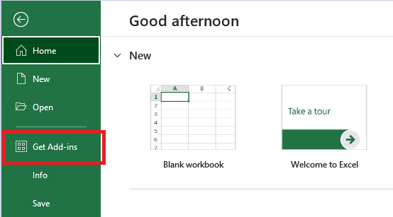 A screenshot of Microsoft Excel with the Get Add-ins option highlighted.