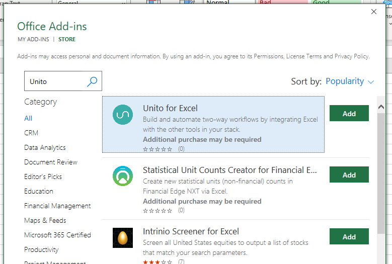 A screenshot of the Office Add-ins screen in Excel.