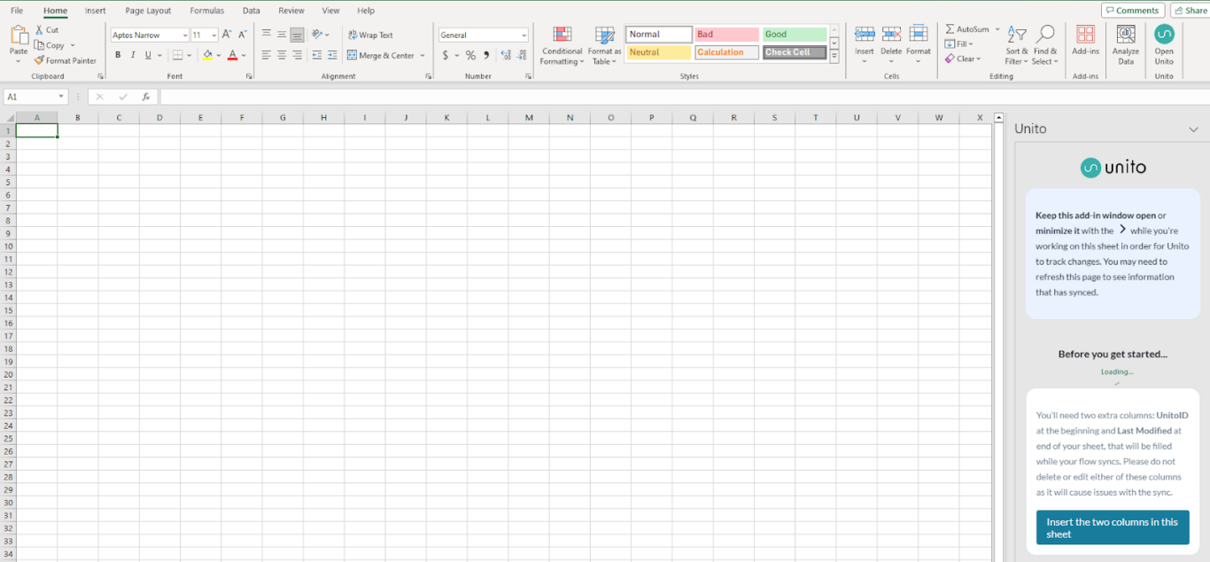 A screenshot of an Excel spreadsheet with the Unito add-in installed.