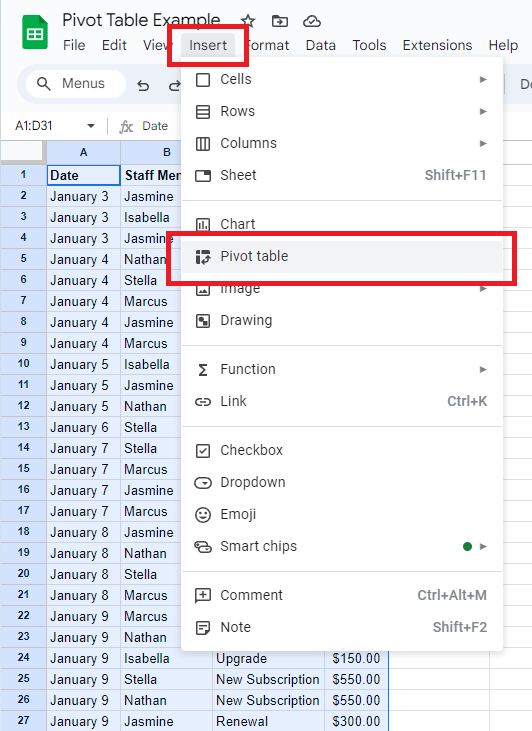 A screenshot of the Insert menu in Google Sheets with "Insert" highlighted.
