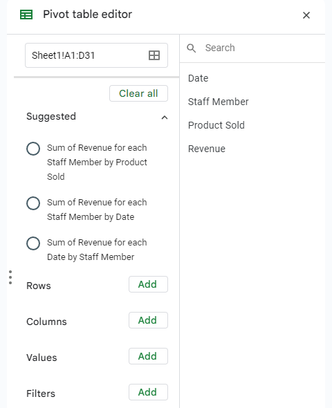 A screenshot of the pivot tables editor in Google Sheets.