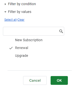 A screenshot of filtering options in Google Sheets.