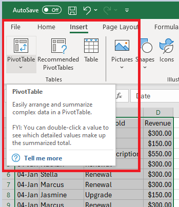 A screenshot of the Insert menu in Excel with PivotTable highlighted.