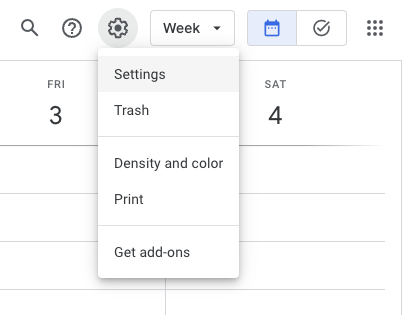 A screenshot of the settings dropdown in Google Calendar.