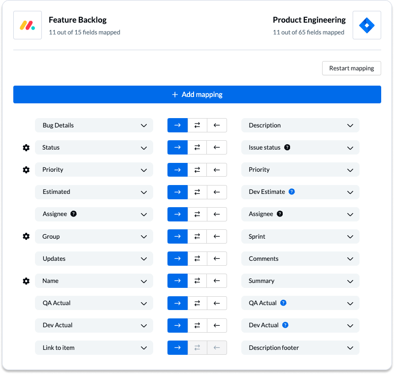 setting field mappings for an integration between monday.com and Jira with Unito