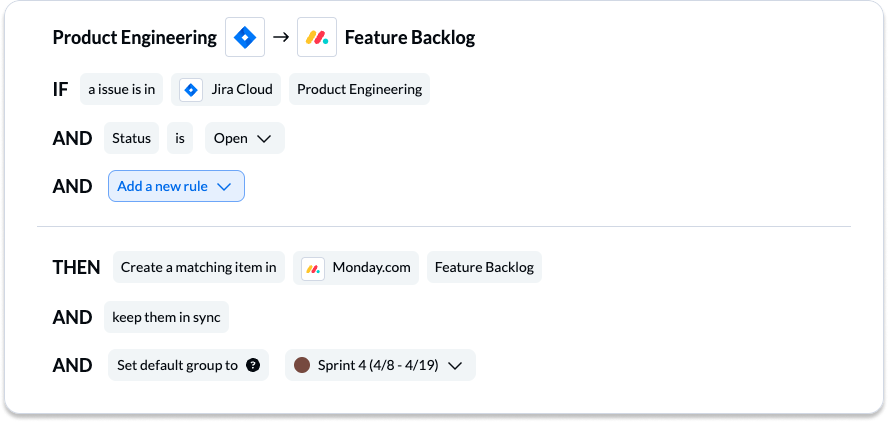 setting rules in Unito to configure an integration between monday.com and Jira