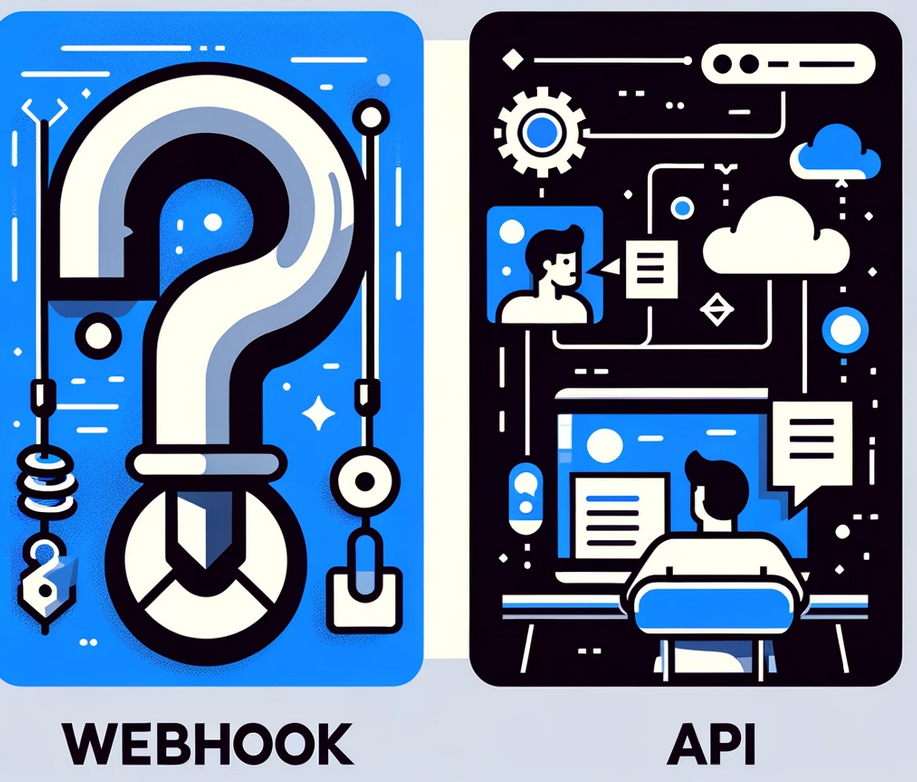 An illustration representing the difference between a webhook and an API.