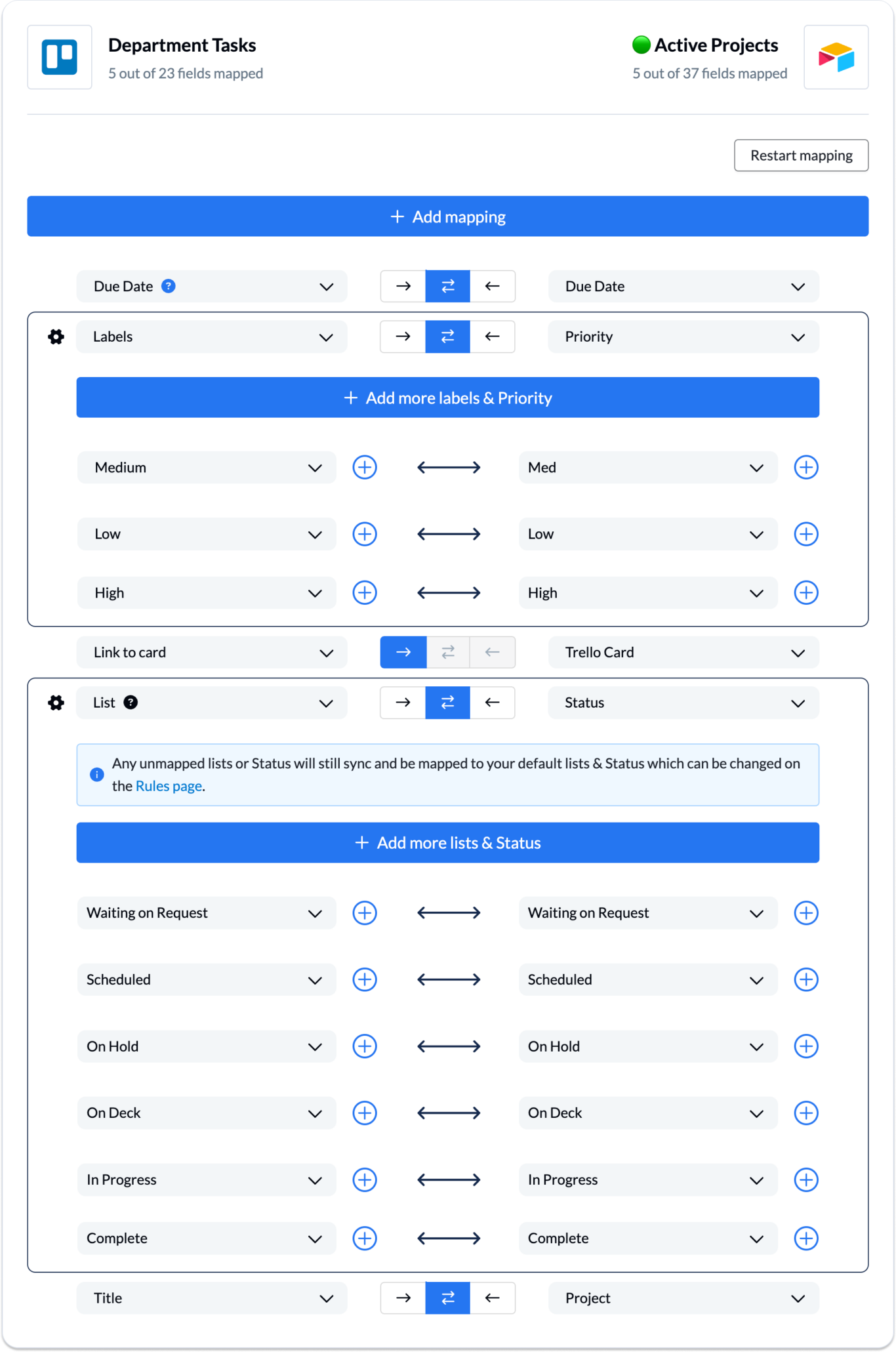 syncing fields between Airtable records and Trello cards with Unito, including label to status.