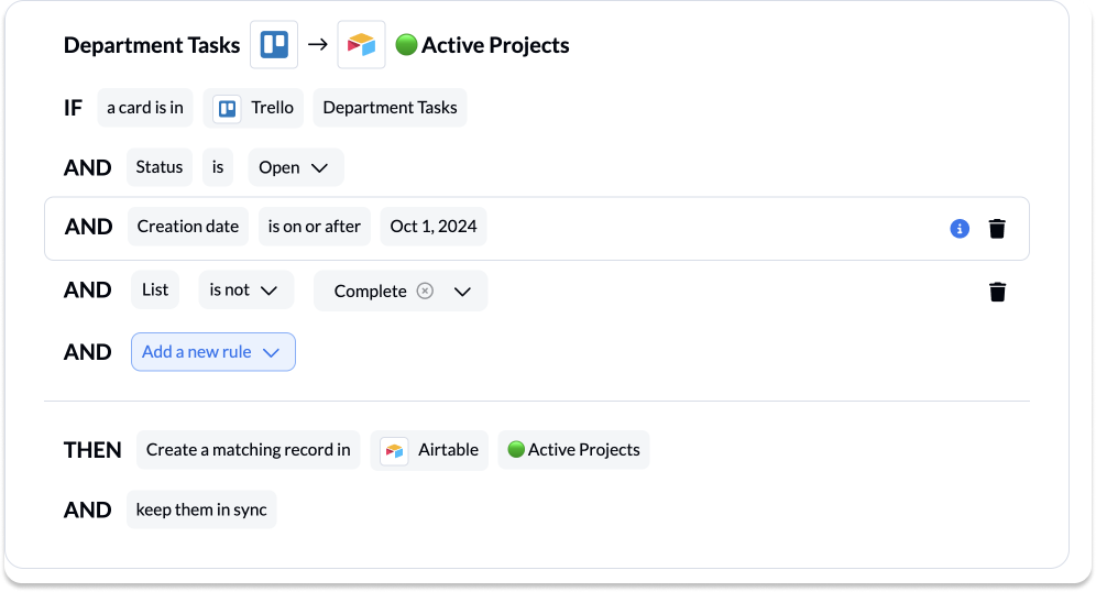 Setting rules to sync Trello cards to Airtable as records with Unito