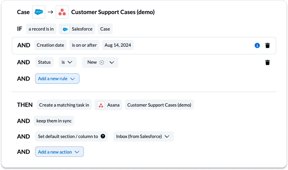 Setting rules in Unito to sync Salesforce and Asana data in real-time