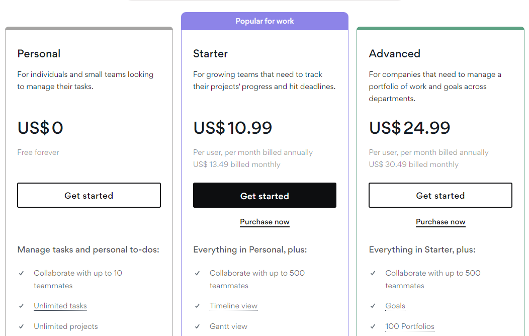 A screenshot of Asana's pricing.