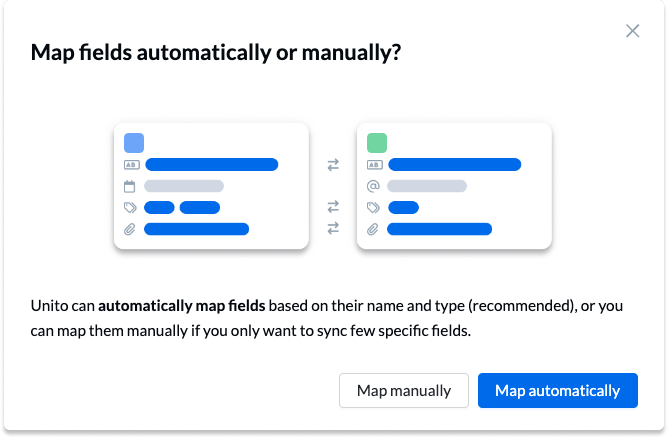 A screenshot of the map fields automatically or manually screen in Unito.