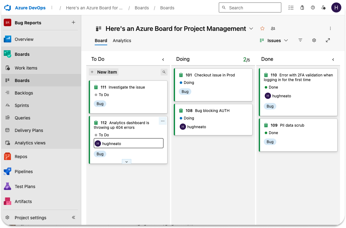 An Azure DevOps Board and Work Items for Project Management