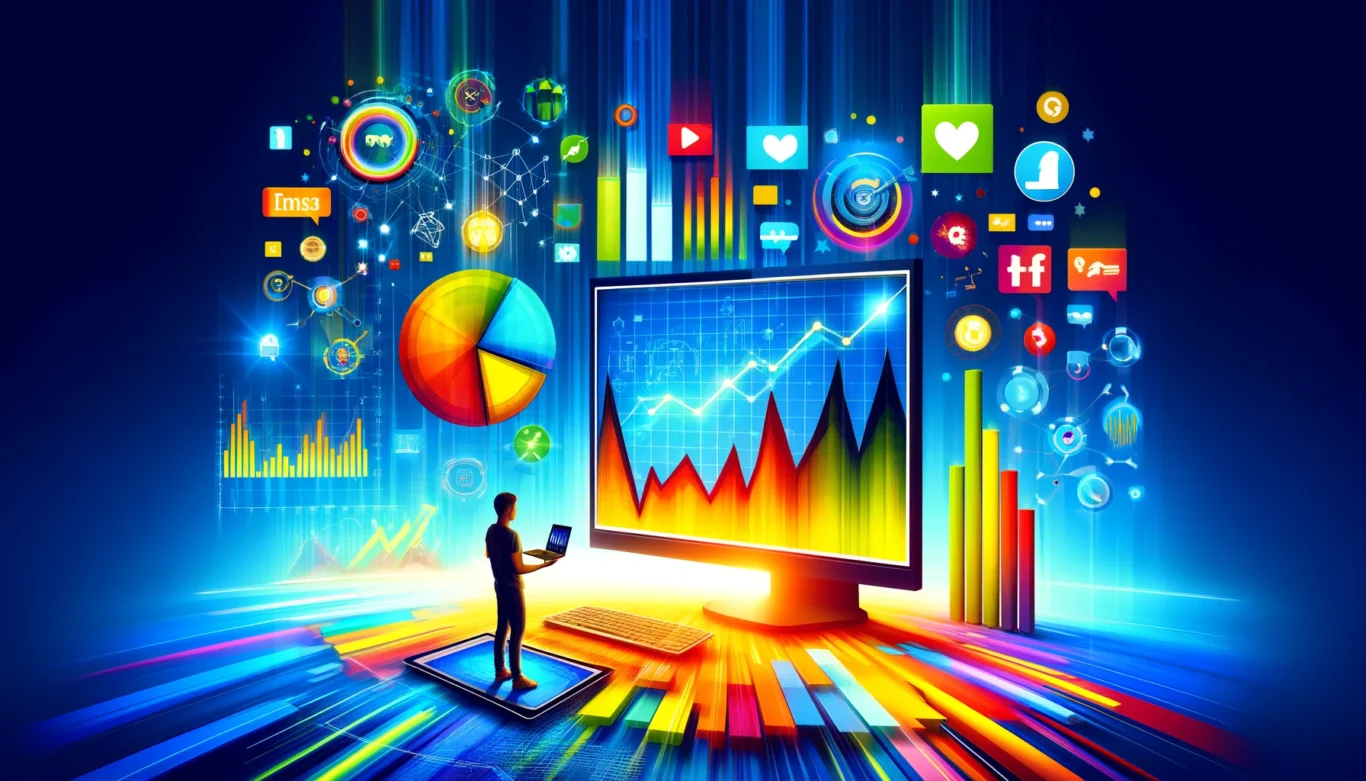 An illustration of a single person standing in front of a massive monitor measuring customer satisfaction metrics.