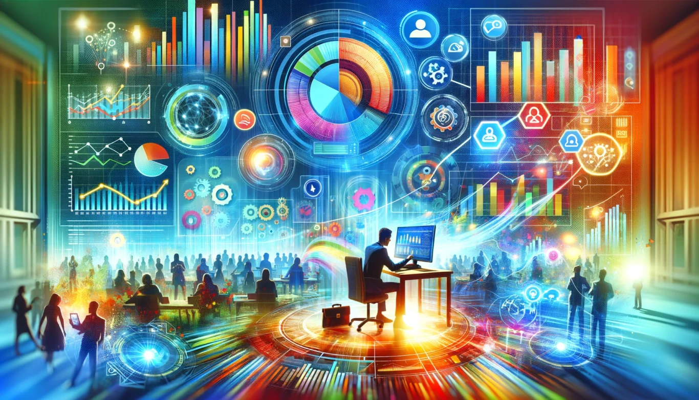 An illustration of a single person working at a computer, surrounded by a team, representing customer engagement metrics.