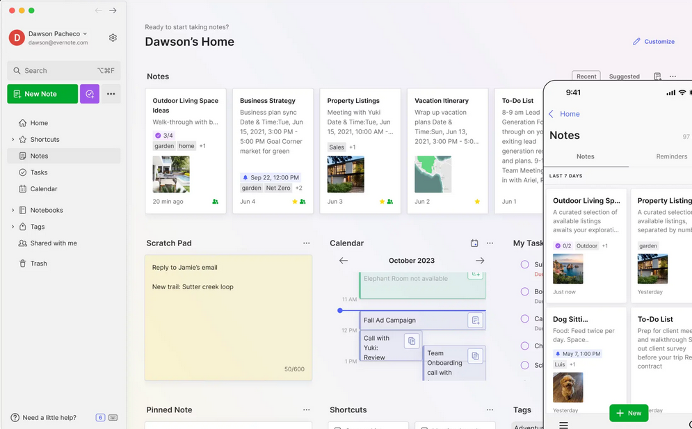 A screenshot of Evernote, an example of a note-taking app that's also a great to-do list app.
