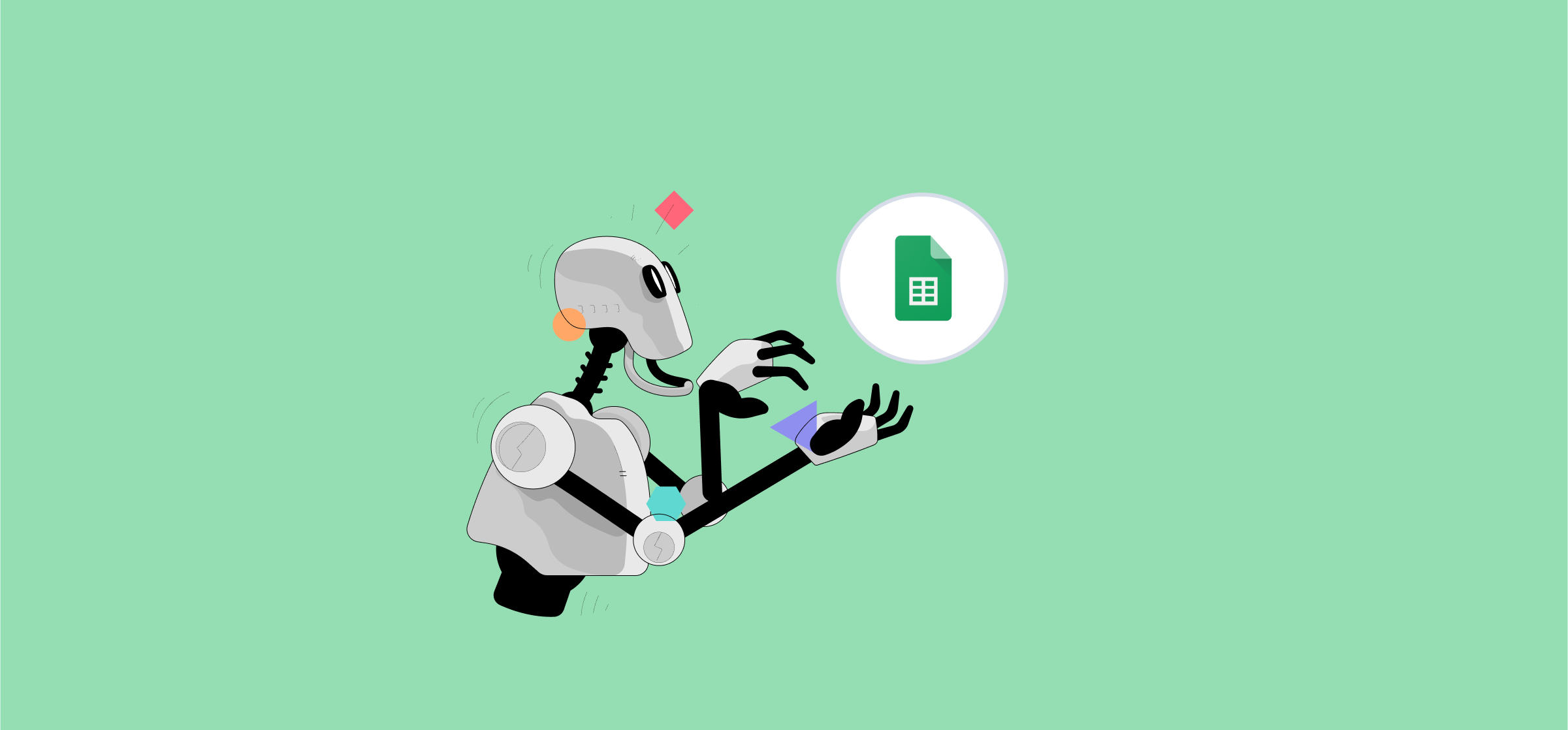An illustration of a robot with a logo for Google Sheets, representing automations.