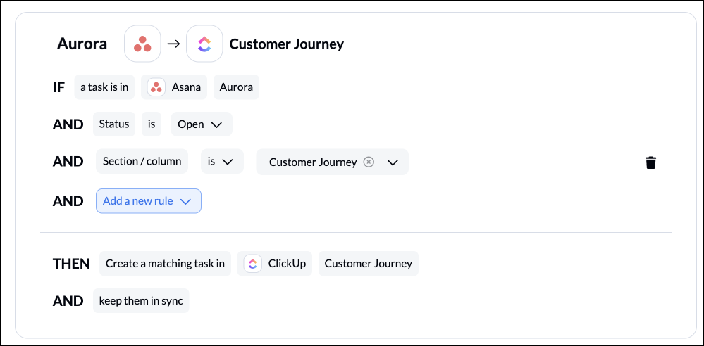 Rules in Unito to sync tasks from Asana to ClickUp