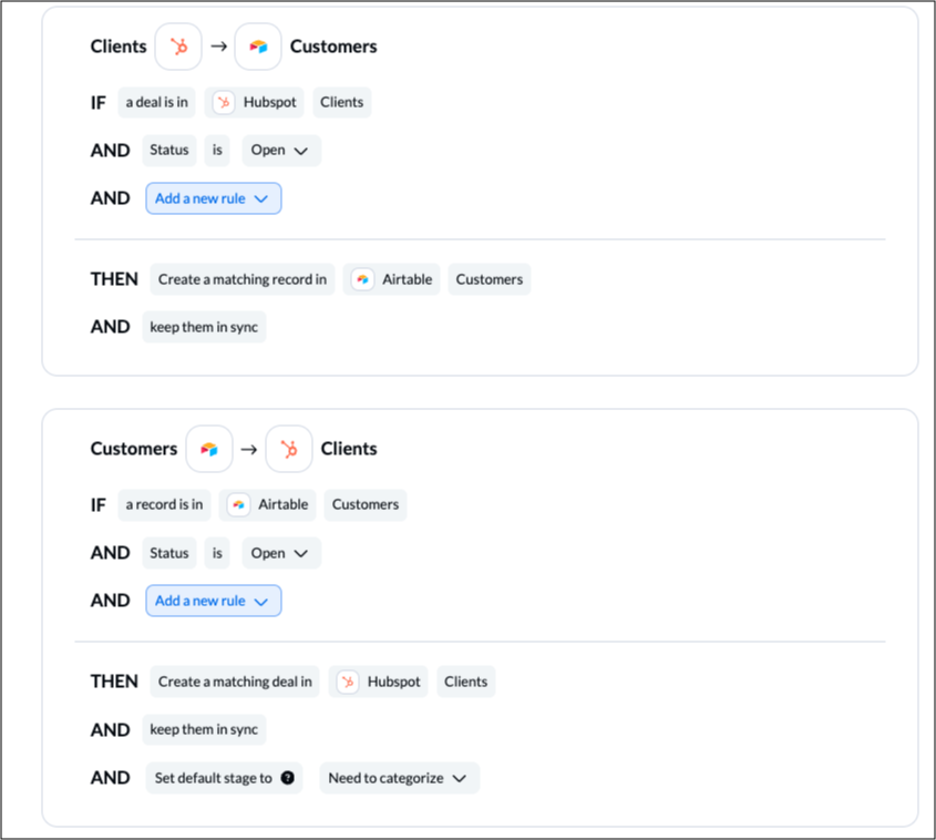 Rules in HubSpot or Airtable with 2-way instructions for automated record and deal creation