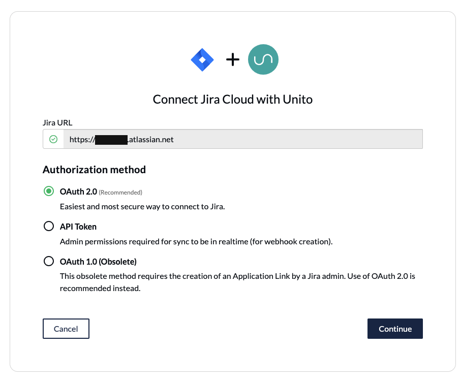 Unito OAuth screen for connecting Jira with 3 options: OAuth 2, an API token or OAuth 1.0