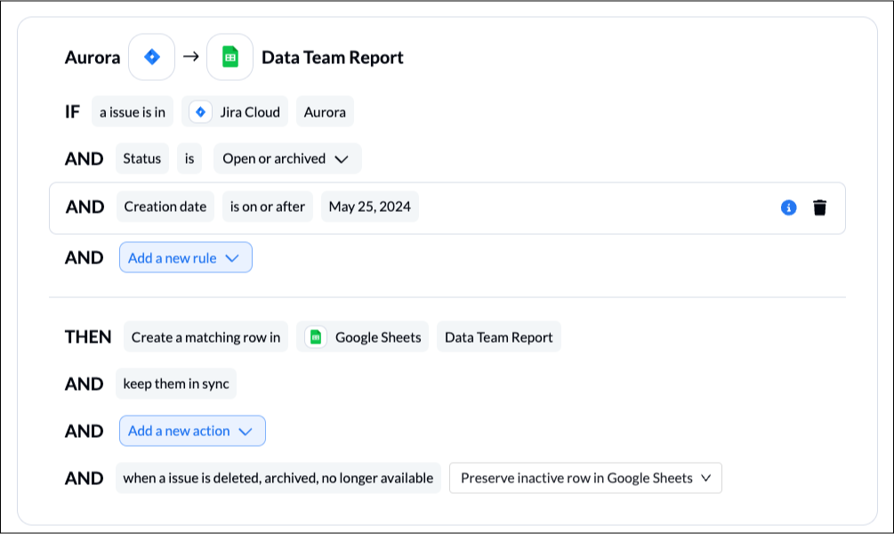 Setting rules in Unito to sync Jira issues to Google Sheets and back.