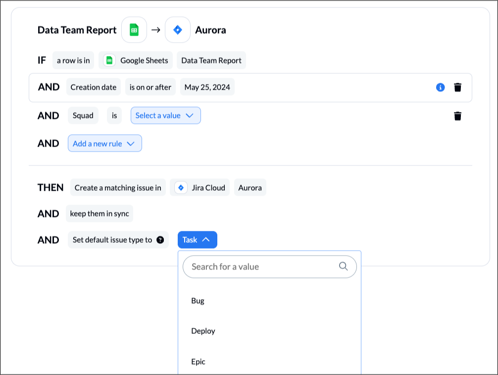 Setting rules in Unito to create Jira issues based on Google Sheets data