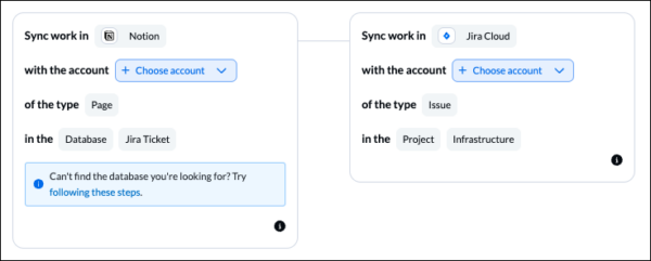 A screenshot of connecting tools in Unito, the first step to setting up a Notion to Jira integration.